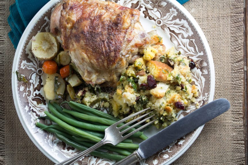 Fastest & Easiest Roast Turkey Ever- served with roast root vegetables, green beans and stuffing