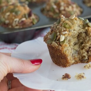 A crunchy moist low FODMAP banana muffin with nuts and seeds.