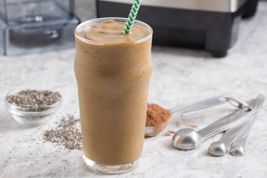 Chia seeds and cocoa, with coffee and banana make a great Low FODMAP smoothie.