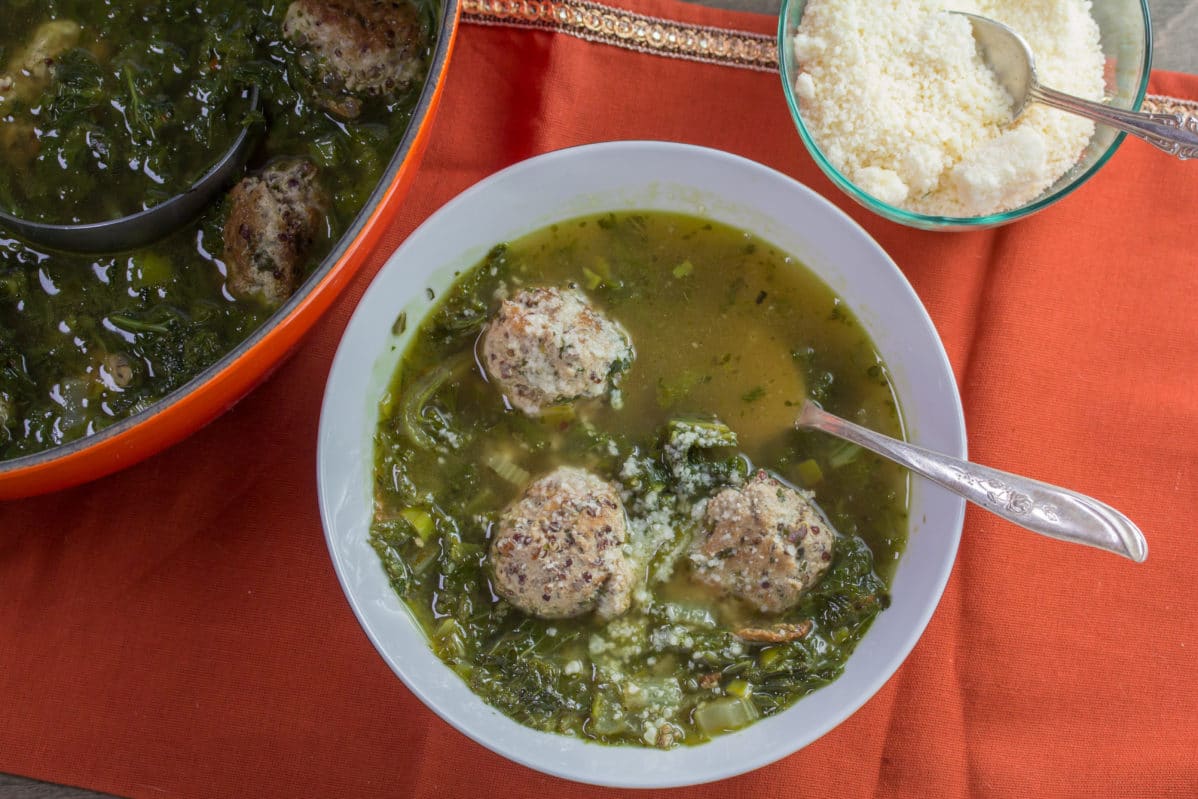 Ground turkey and cooked quinoa make for tasty, hardy meatballs in this brothy soup. You could also make this with chicken stock and ground chicken.