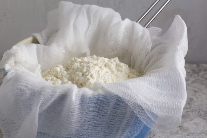 Freshly made lactose free ricotta strained through cheesecloth.