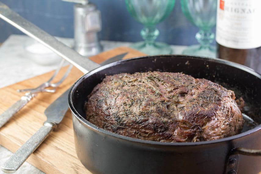 Seasoned Roast Beef in a pan. 