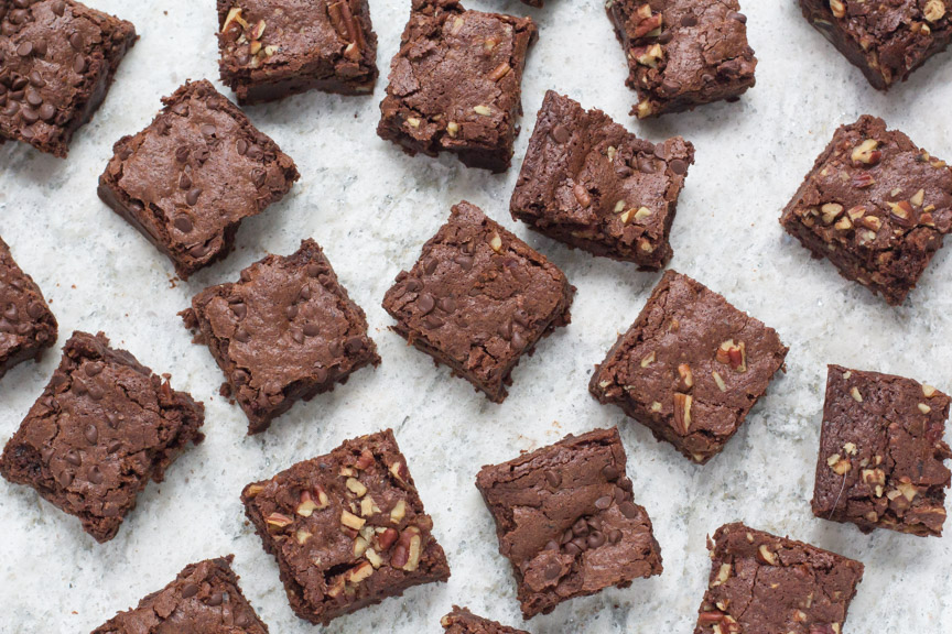 Low FODMAP decadent chocolate brownies - you can have BOTH plain and with nuts! All Low FODMAP!