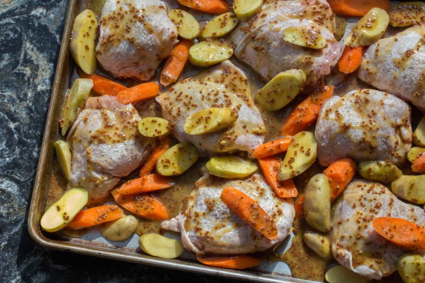 Low FODMAP one pan chicken with Maple Mustard Sauce raw prepped for cooking