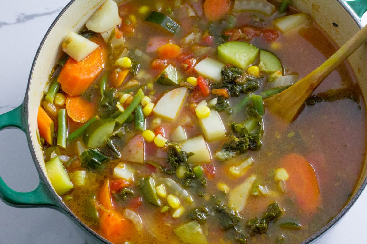 summer garden vegetable soup overhead