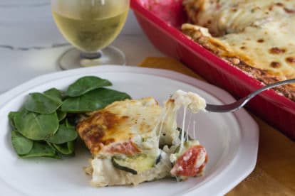 low FODMAP summer vegetable white lasagne with gooey cheese