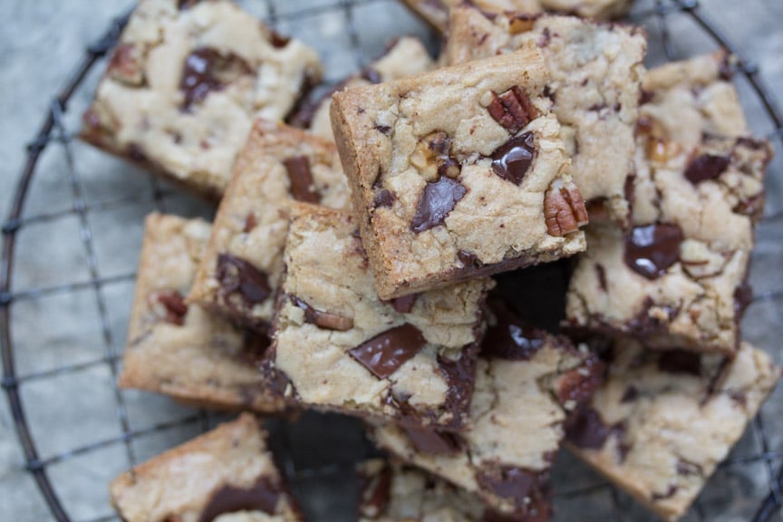 low FODMAP chocolate chunk Nut Blondies stacked