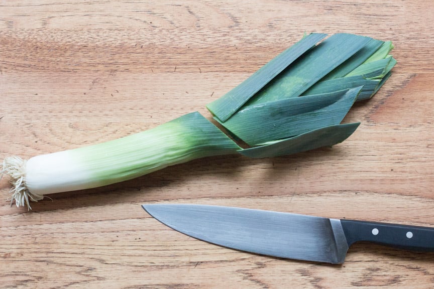 Leek greens cutting