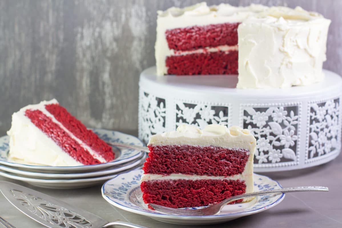 red velvet cake with cooked vanilla frosting