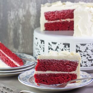 red velvet cake with cooked vanilla frosting