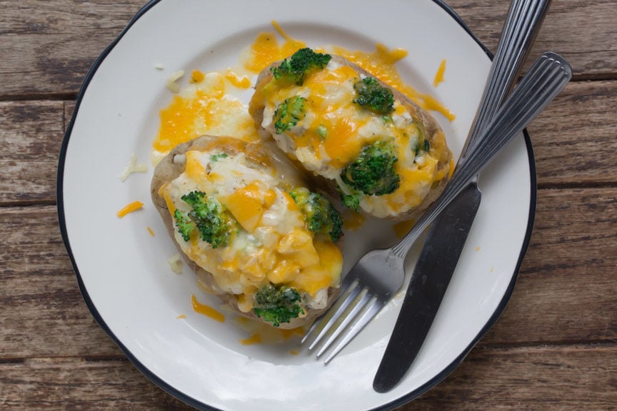 Baked potatoes stuffed with chicken, cheese and broccoli - all low FODMAP!