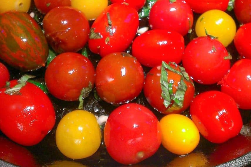 Sautéed Baby Heirloom Tomatoes in a pan
