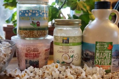 Sweet and Salty Popcorn made with coconut oil, maple syrup and pink Himalayan salt.