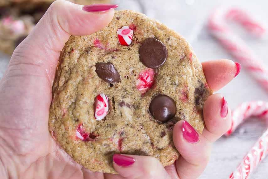 Mocha peppermint Chocolate chip cookie closeup in hand