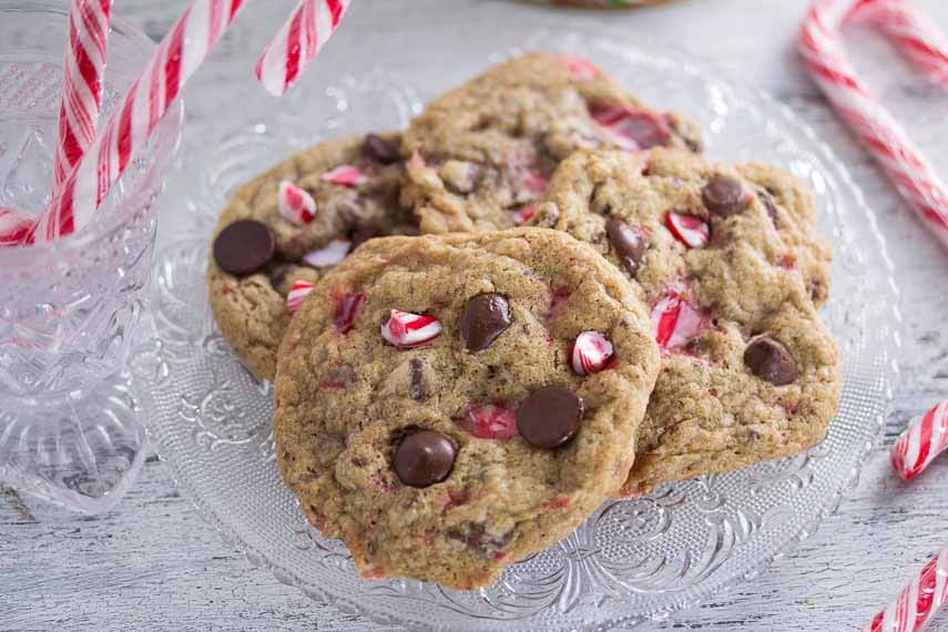 Mocha peppermint Chocolate chip cookie closeup on antique glass plate 2