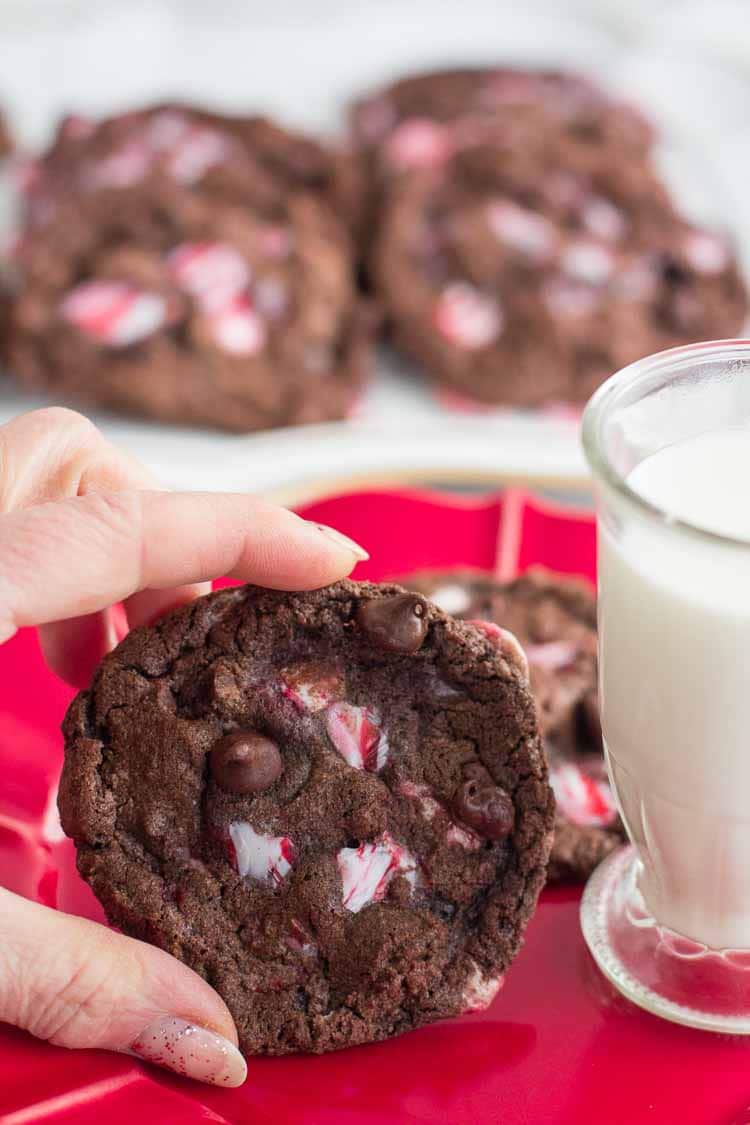 double chocolate peppermint cookie with glass of milk