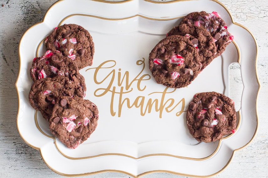double chocolate peppermint cookies overhead on a decorative platter. These are great gluten-free Christmas cookies.