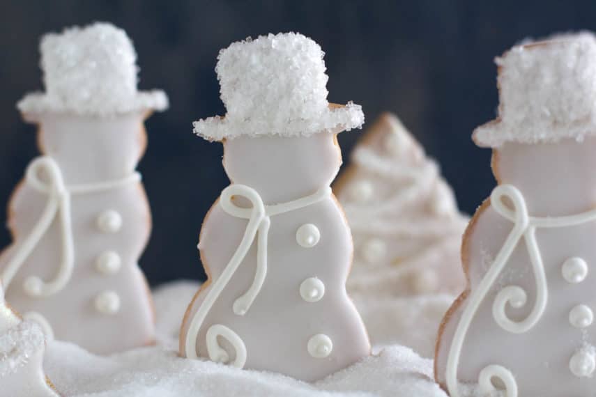 closeup of decorated sugar cookies in a white Christmas theme in a snow bank of sugar