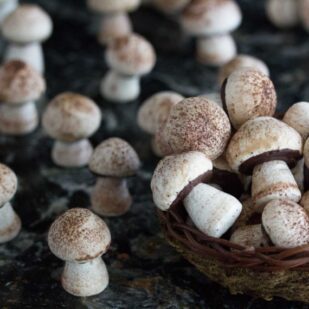 closeup of meringue mushrooms in basket