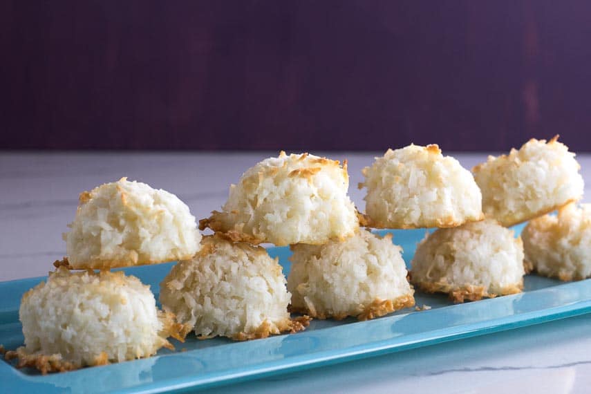 Simple Coconut Macaroons on blue plate