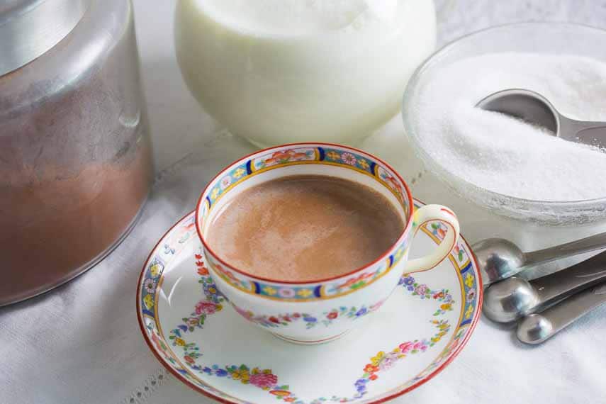 hot cocoa in a decorative porcelain cup