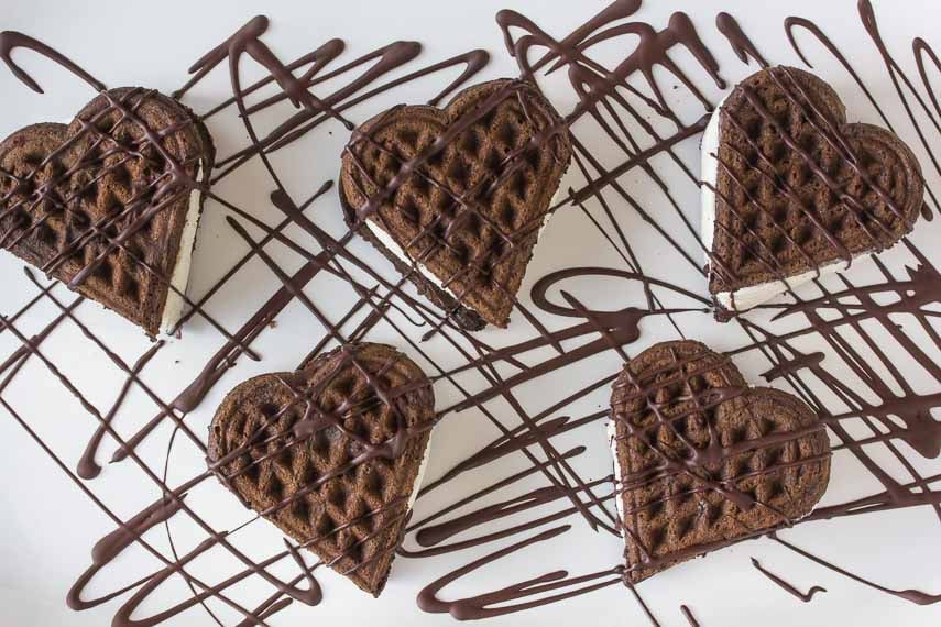 heart shaped dark chocolate waffle ice cream sandwiches- low FODMAP and Lactose Free!