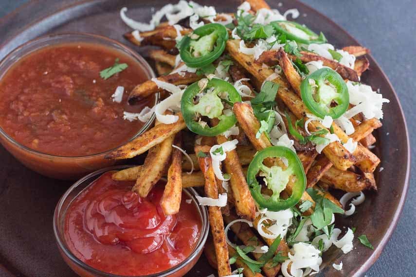 nacho oven baked fries with salsa and ketchup- low FODMAP