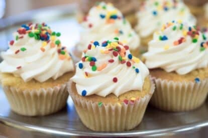 low FODMAP white cupcakes with sprinkles.