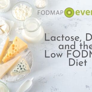 An overhead shot of cheese and milk on a white marble background with the words Lactose, Dairy and the Low FODMAP Diet overlaid