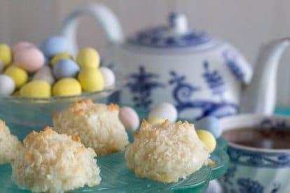 coconut macaroons with blue and white teapot in background