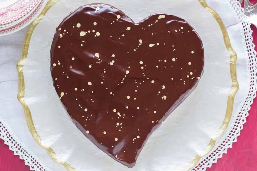 gold splattered heart of gold flourless chocolate cake
