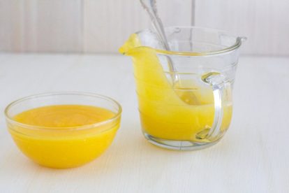 lemon curd; silky smooth and very lemony. In a small bowl and in a measuring cup with spoon 2