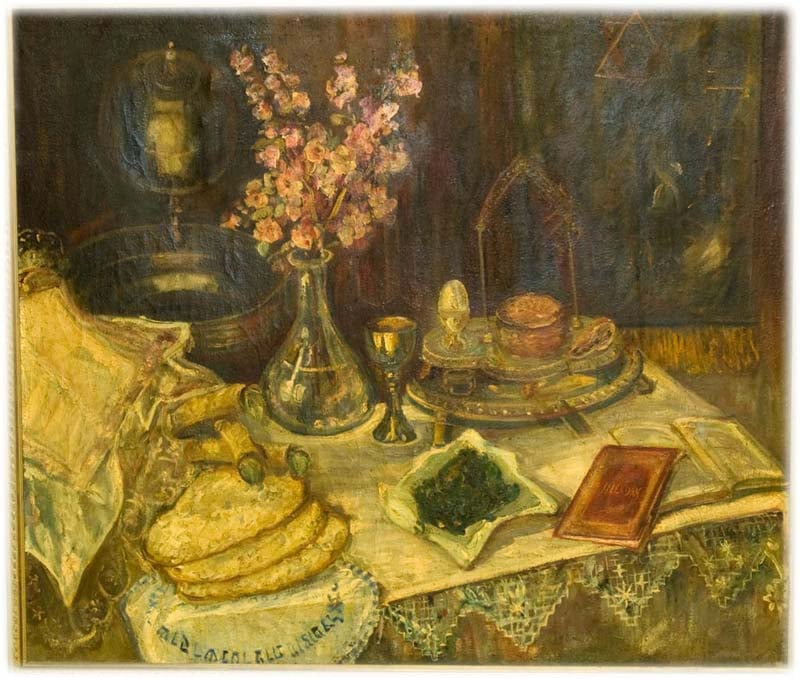 Oil painting depicting a Passover Seder table with matzoh laying on a table cloth next to a vase of flowers