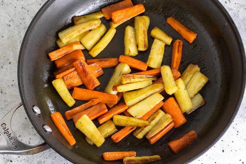 maple glazed carrots & parsnips in pan