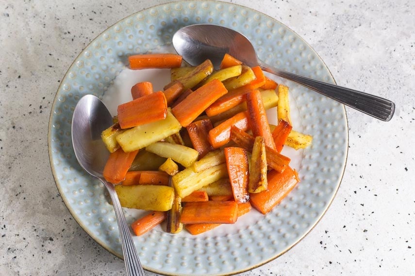 maple glazed carrots & parsnips in pan