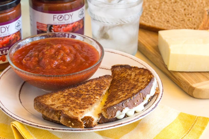 grilled cheese sandwich on a white plate served with salsa
