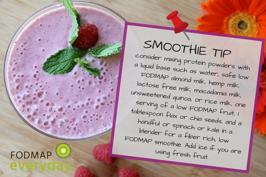 Overhead of a purple smoothie with mint leaves and a raspberry with text describing a smoothie tip about protein powders