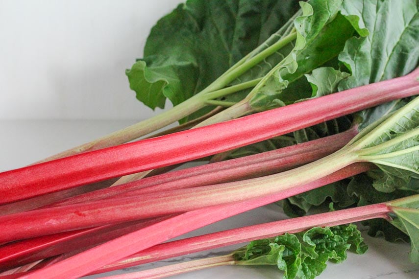 fresh rhubarb stalks with leaves attached.