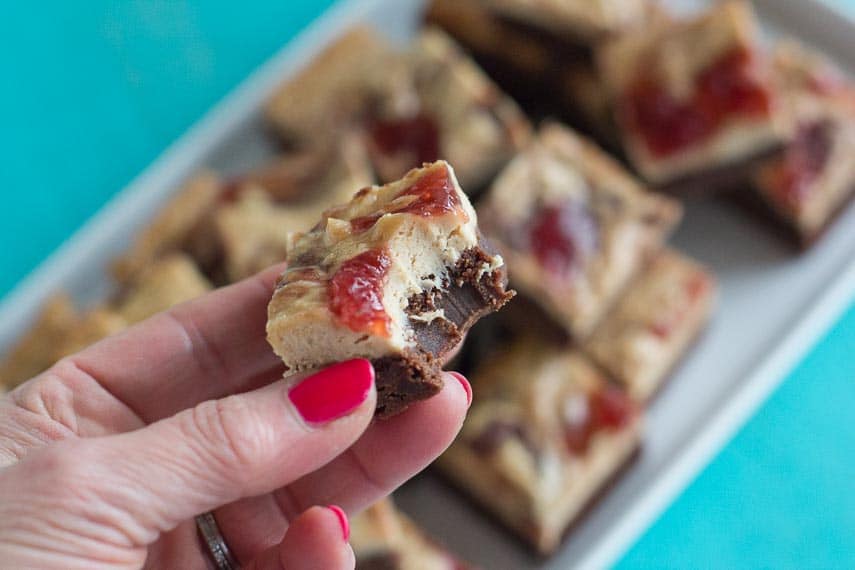 PB & J Cream Cheese brownies with bite out