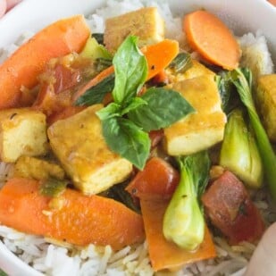 coconut tofu curry in white bowl with basmati rice, held by a women's hands