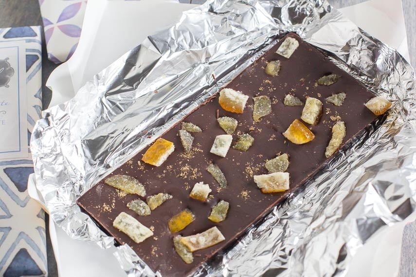 Ethereal Confections Dark Chocolate Topped with Candied Ginger, Candied Orange Peel & Coriander