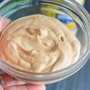 Chipotle mayonnaise closeup in a glass bowl