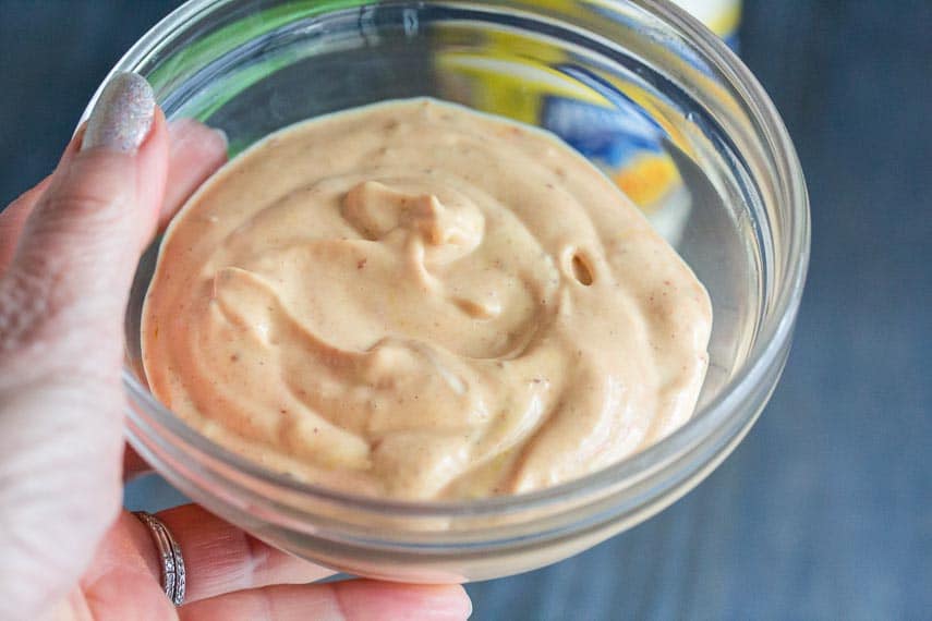 Chipotle mayonnaise closeup in a glass bowl