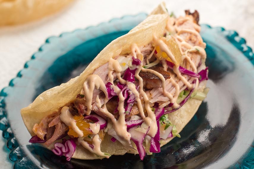 Shredded Dry Rubbed Slow-Roasted Pork on fried corn tortilla with slaw and low FODMAP chipotle mayonnaise on a teal glass plate 