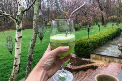 hand holding wine glass with Cucumber Mint Lime Agua Fresca with straw against garden backdrop