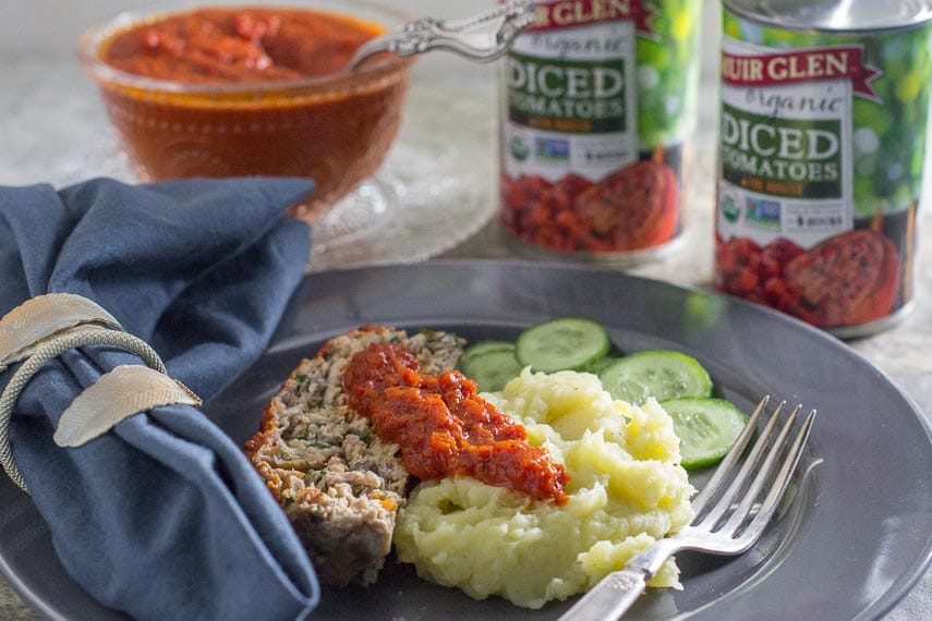 roasted red pepper ketchup with turkey meatloaf and mashed potatoes