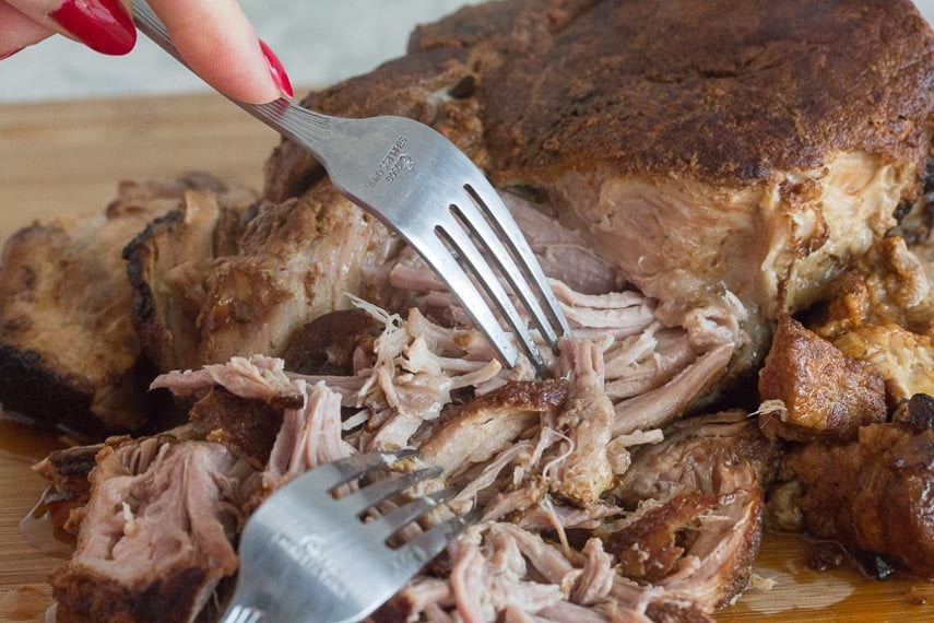 fork shredding Dry Rubbed Slow-Roasted Pork