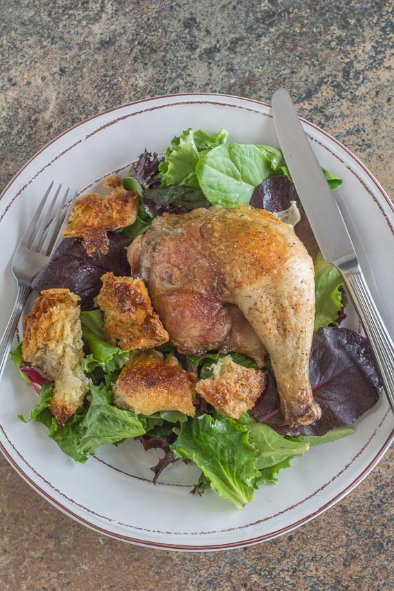 spatchcocked chicken with sourdough croutons & schmaltz on a white plate with a green salad