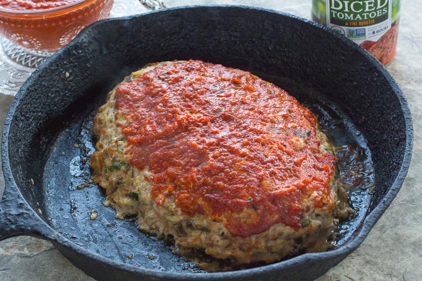 turkey meatloaf in pan with roasted red pepper ketchup