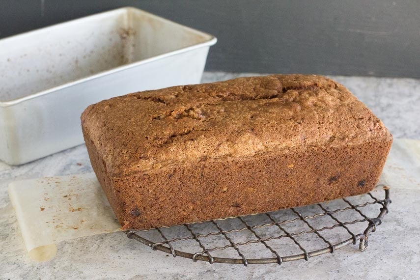 FODMAP IT Nana's banana bread unmolded from loaf pan on cooling rack